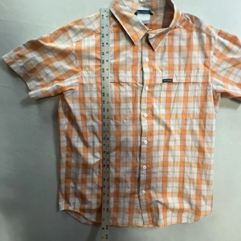 Columbia Shirt Men's Medium Orange Plaid Button Up Short Sleeve Outdoor Hiking
